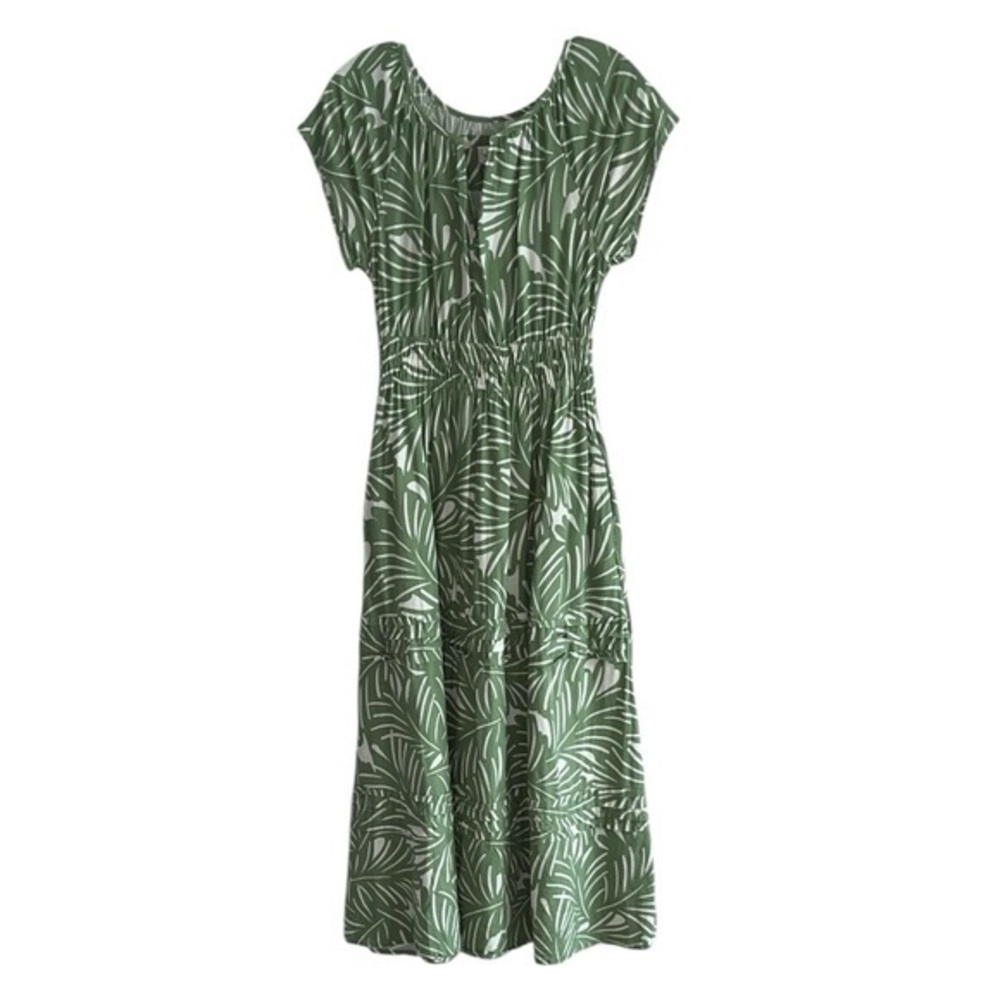 Nicole Miller Green Leaf Linen Blend Midi Dress Size XS